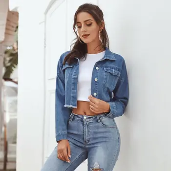 

Fashion Frayed Denim Jacket Women Spring Autumn Long Sleeve Short Denim Jacket Coats Streetwear Jacket
