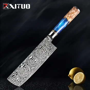 

XITUO Premium Powder Damascus Steel VG10 Chef Knife Peeling Meat Cleaver Knife Blue Resin And Colored Wooden Handle Kitchen Tool