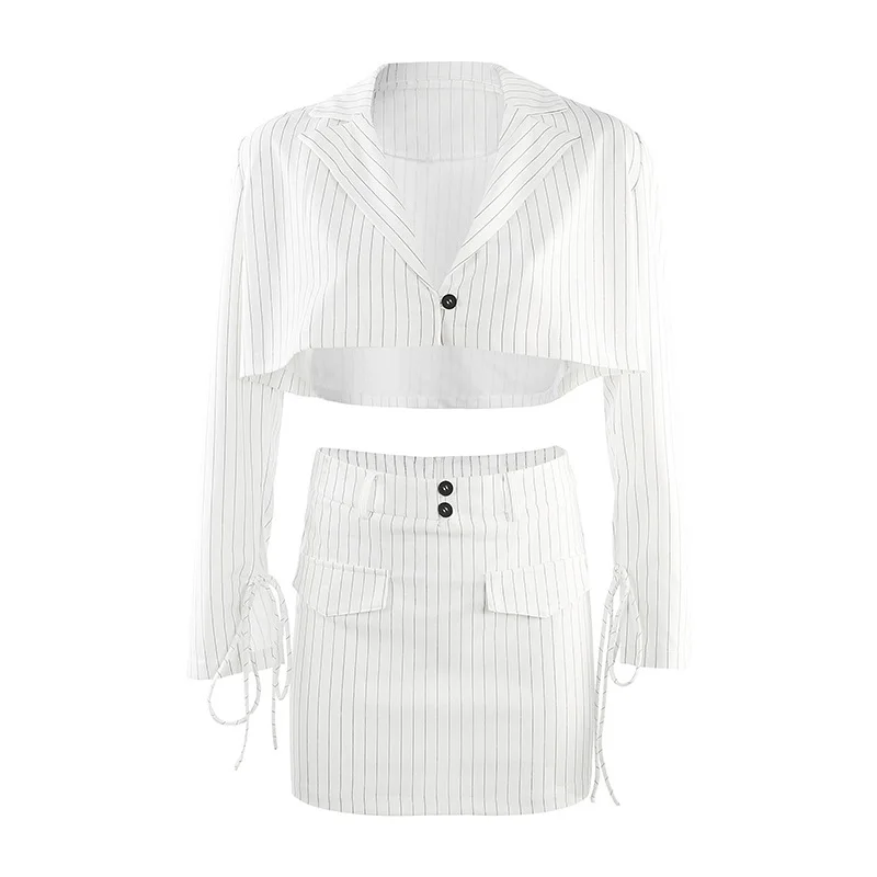Белый Autumn New Women Striped Two Piece Set Casual Turn-Down Collar Long Sleeve Button Blazer Crop Top Mini Skirt Suit HS7782W08 - Цвет: Белый