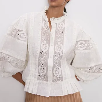 

2019 za women embroideried blouses hollow out puff sleeve shirts ruffles blusa ptachwork tops for girls xs s m l