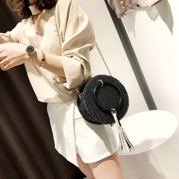 

Women Fashion Straw Bag High Quality Casual Personality Tassel Bag Round Shape Exquisite Straw Handbag