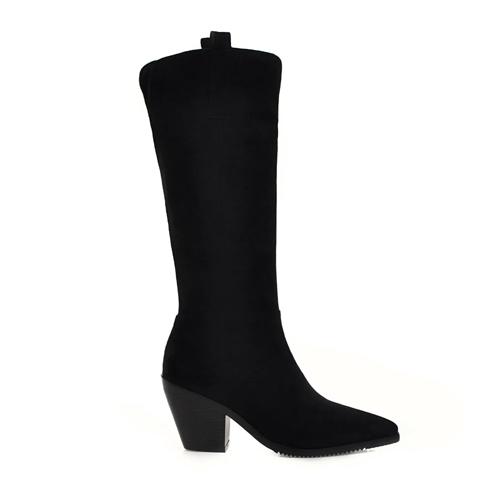 Brand Designer Faux Leather Women Knee High Boots western cowboy Wedge Pointed toe Boots Woman Long Chunky High Heel Botas Mujer