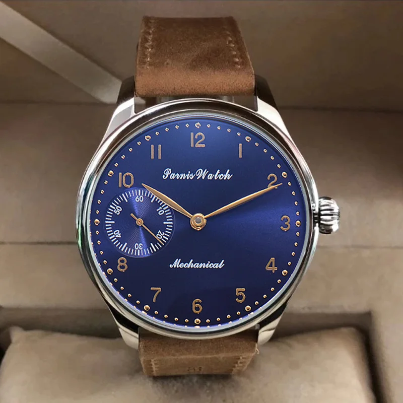 

Top Brand Parnis 44mm Blue Dial Sapphire Crystal Or Mineral Glass Watch Mechanical Hand Wind Movement Men's Luxury Watches Gift