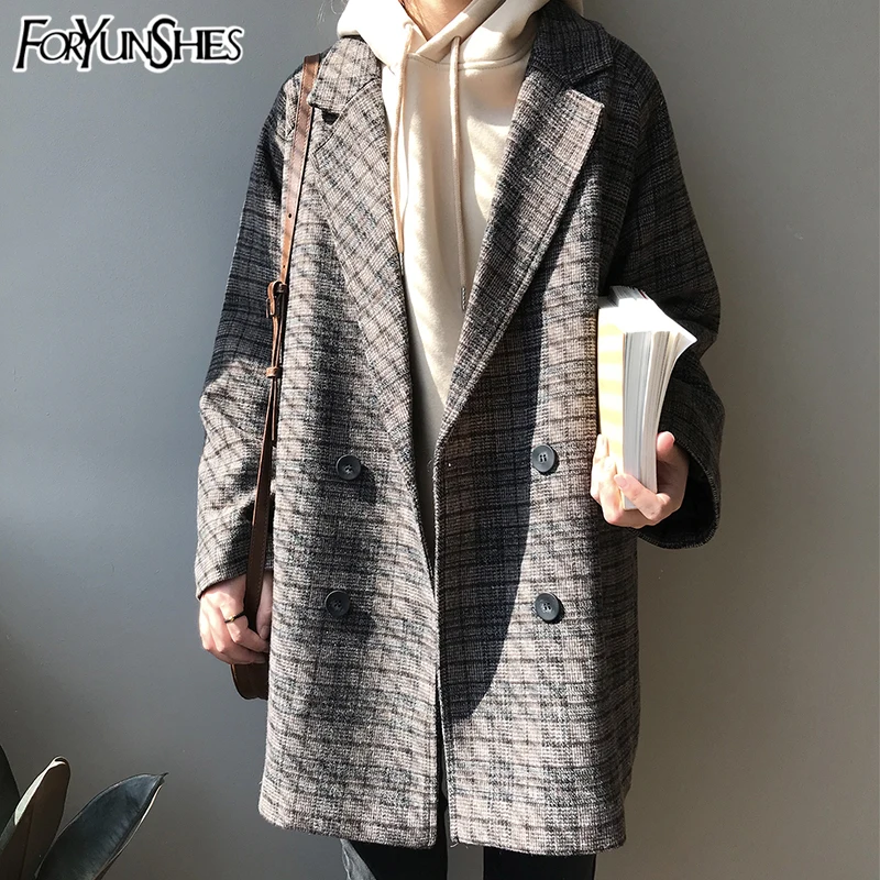 

FORYUNSHES Women Woolen Thicken Blazer Office Warm Retro Plaid Double Breasted Loose Classic Suit Coat 2020 Winter Korean Style