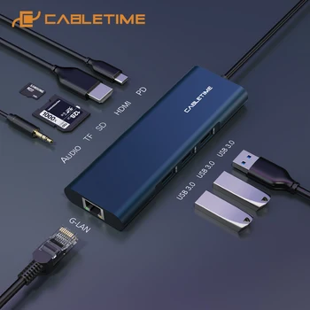 

CABLETIME Hub USB C to HDMI USB 3.0 SD/TF AUX Card Reader PD 3.5MM Adapter for MacBook Pro Air Type C Hub C254