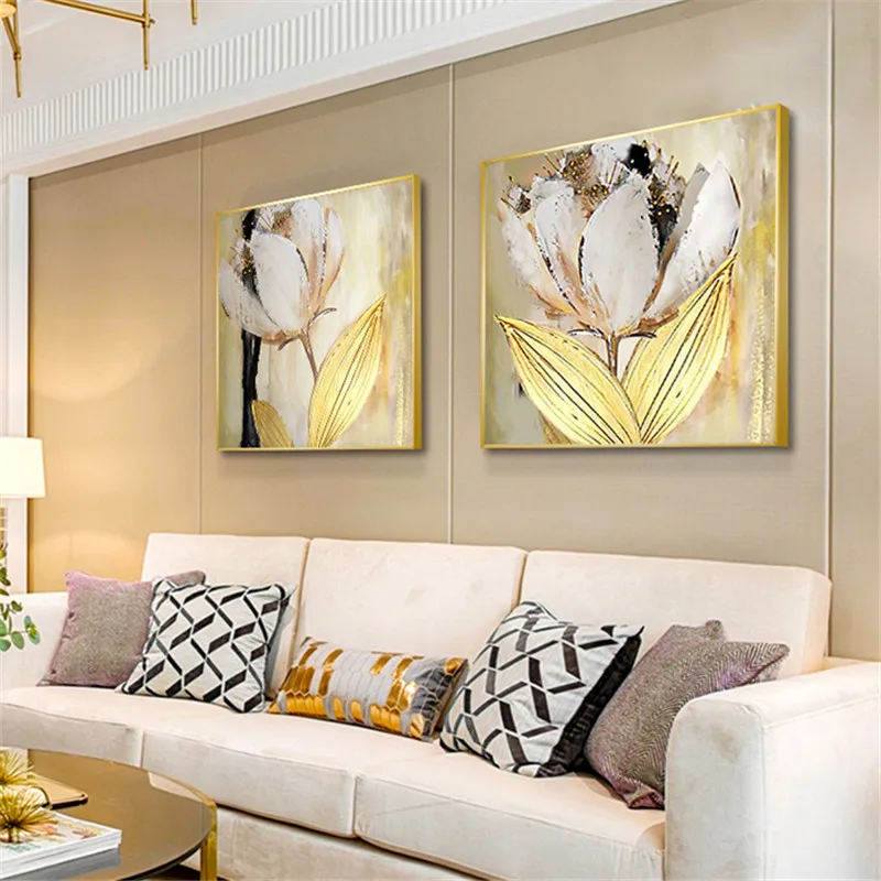Billige Leinwand malerei wand kunst goldenen tulpe blume ölgemälde familie wohnzimmer hause dekoration restaurant moderne malerei