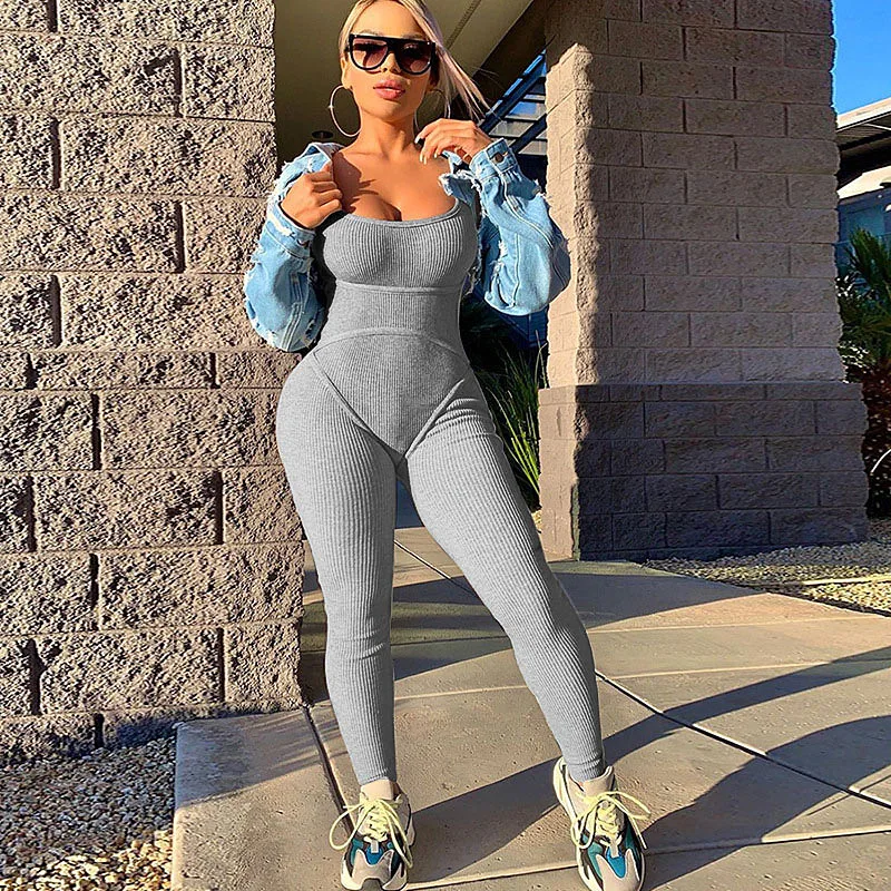 

Fashion Autumn 2020 New Women's Sexy Backless Hip Stripe Jumpsuit Sleeveless Skinny Stretch One Piece Outfit for Woman
