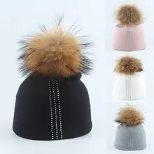 Женские береты с лисьими помпонами и бриллиантами для мальчиков и девочек, Повседневная теплая дамская шляпа, шерстяная шапка, вязаные Шапки, береты, sombrero mujer#0