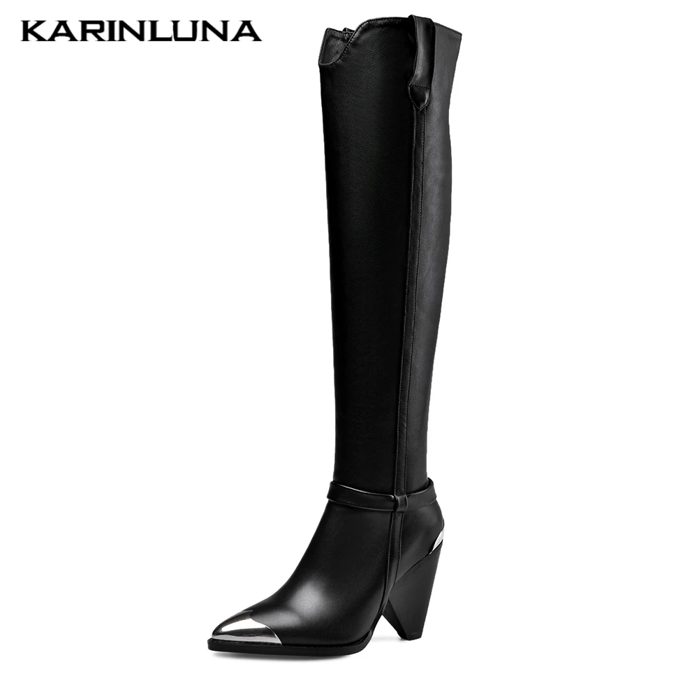 

Karinluna Genuine Cow Leather Knee High Boots Woman High Heels Shoes Lady Party Pointed Toe Boots Shoes Women Plus Size 43