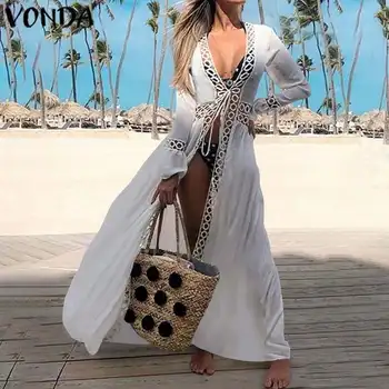

Beach Dress Women Sexy V Neck Hollow Long Sleeve Vestido VONDA 2020 Summer Covers-Up Maxi Long Dress Casual Sundress Plus Size