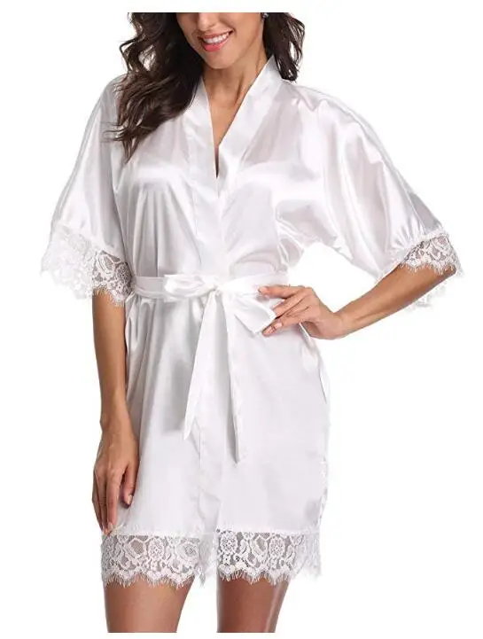 Hot White Women Silk Lace Robes Wedding Bridesmaid Bride Gown kimono Solid robe Sleepwear Nightgown Bridesmaid Robes size M-XL - Цвет: white