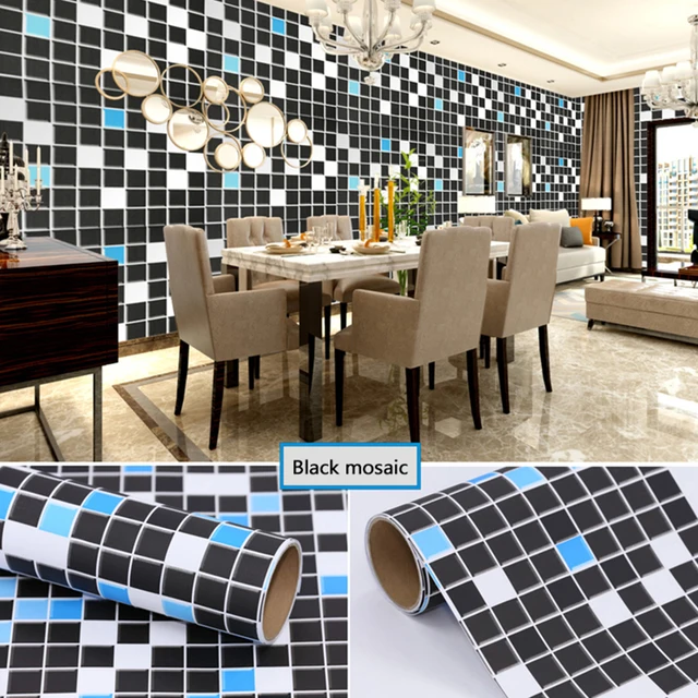 Bathroom Waterproof Mosaic Wall Stickers Kitchen Oil Proof Decoration Wallpaper Bath Toilets Self Adhesive Tiles Decorative Film 8961 Black