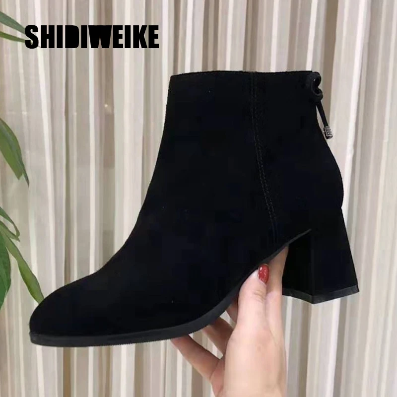 

Women boots Cow suede ankle Boots autumn winter ladies boots Pointed Toe Square heel zipper Butterfly-knot Women's shoes J675