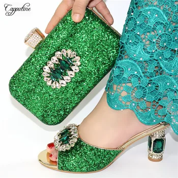 

Charming lady high heel green shoes and handbag set for evening party CR169, heel height 8.8cm