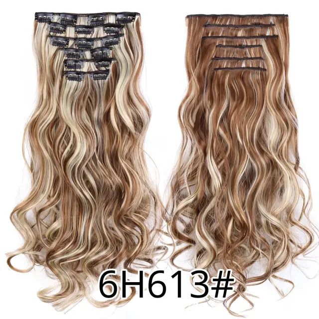 Synthetic 6H/613# Clip In On Hair Extensions 6Pcs/Set 16 Clips Hair Extension Full Head 55Cm Straight Synthetic Fiber Hairpieces #99J