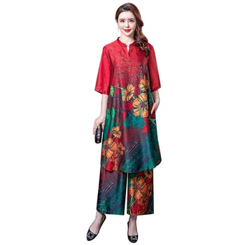 

2 Pieces 2020 New Spring Summer Art Retro Printing Top Loose Wide Spot Women Work Wear Dresses Mother Dress Set