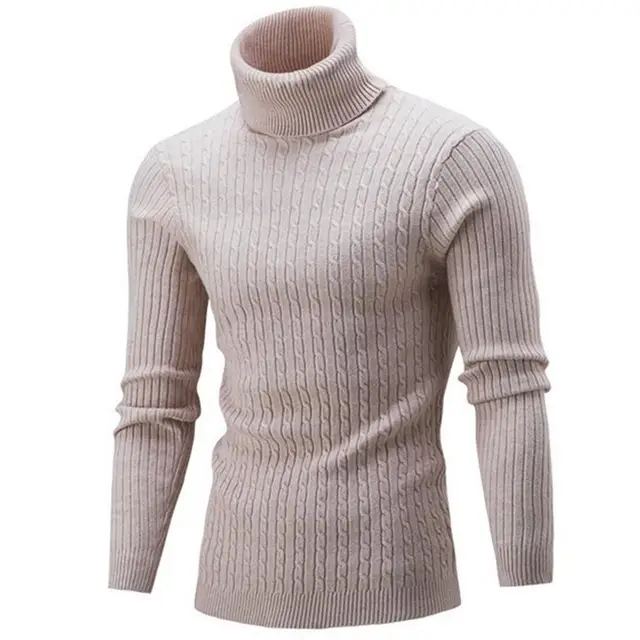 Casual Men Sweater Solid Color Turtleneck Knitted Sweater Men Slim Knitwear Knitted Jumpers Pullovers Men Sweater Pull Homme Beige