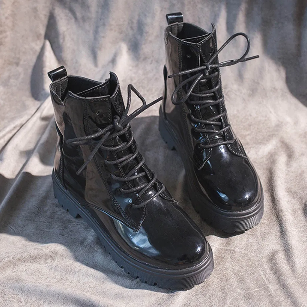 

Women's ankle boots with patent leather square heel handsome motorcycle boots casual short shoes Botas de charol
