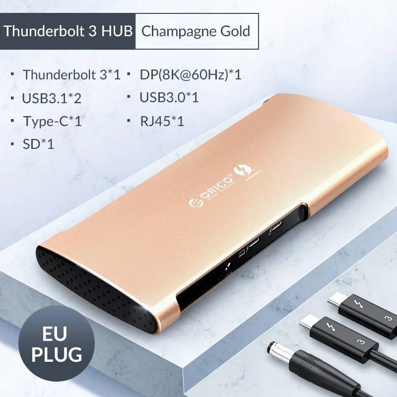 Док-станция ORICO Thunderbolt 3 концентратор USB Type C-DP USB 3,0 концентратор адаптер RJ45 SD4.0 USB-C конвертер 40 Гбит/с для MacBook Pro Air huawei - Цвет: EU Champagne Gold