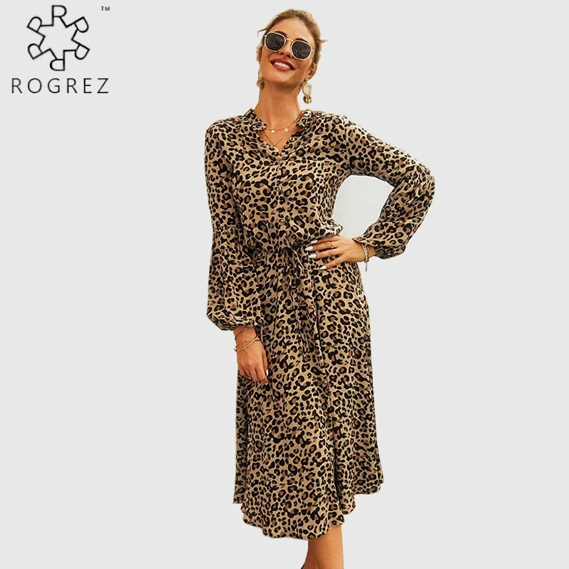 

ROGREZ Spring Summer Leopard Casual Women Long Sleeve Vestidos De Fiesta Boho Dress Loose V Neck Bohemian Long Dresses