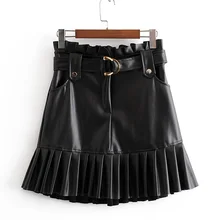 Fandy lokar повседневные женские юбки из искусственной кожи, модная Однотонная юбка с поясом на талии, женские элегантные плиссированные мини юбки для женщин