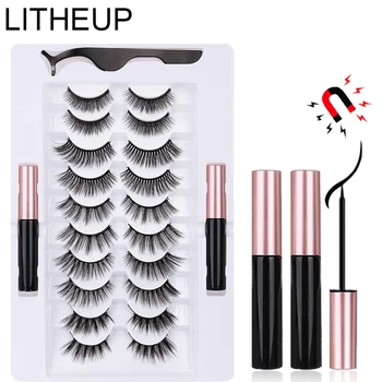 

LITHEUP 10pairs Magnetic Eyelashes And Liquid Eyeliner And Tweezers Waterproof Long Magnetic Eyelash Pen Set Extension