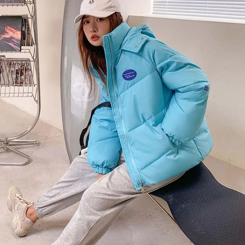 2023 Women Candy Colors Winter Hooded Puffer Jacket Female Loose Long Sleeve Thicken Coat Harajuku Warm Oversize Parkas White