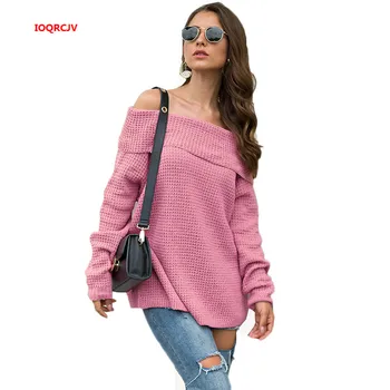 

2019 Autumn Knitted Sweater Women Casual Loose Slash Collar Solid Pullover Female Long-sleeved Off Shoulder Sweater Jumper W1156