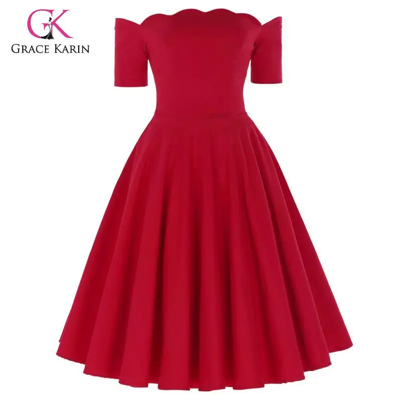 

Grace Karin Vintage Off Shoulder Dress Women 2019 Summer Flare A-Line Dresses Pleated Swing Dress Solid Midi Party Dress 8 Color