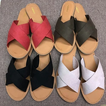 

Women Shoes Summer Slippers Pu Leather Flat Shoes Lace Cross-tied Slippers Open Toe Sandals Sandalia Feminina Chaussures Femme