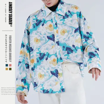 

Lindsey Seader Big Flower White Shirt Men Long Sleeve 2020 Spring Hiphop Abstract Tree Stripes Shirt Street Mens Shirts Male Top