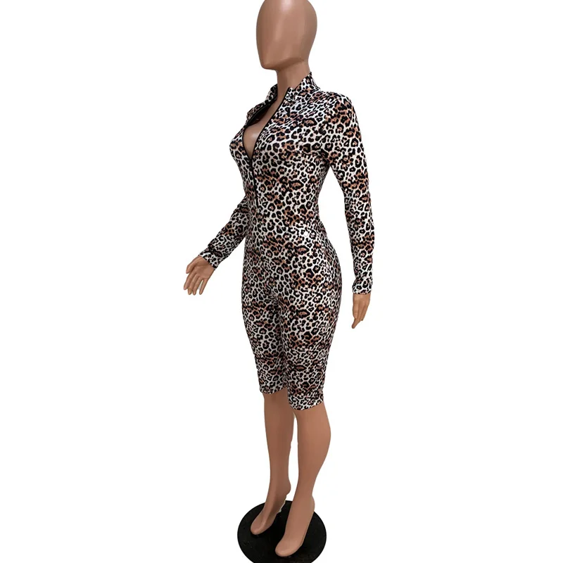 NORMOV Leopard V Neck Front Zipper Jumpsuits Women Sexy Long Sleeve Playsuits Casual Autumn Bandage Skinny Playsuit