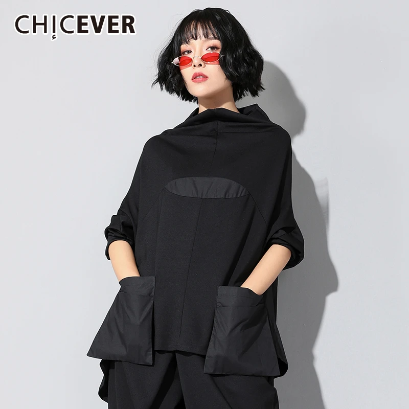 

CHICEVER Korean Patchwork Women's T-shirt Turtleneck Long Sleeve Hit Color Asymmetrical Batwing T-shirts Female 2019 Fashion New