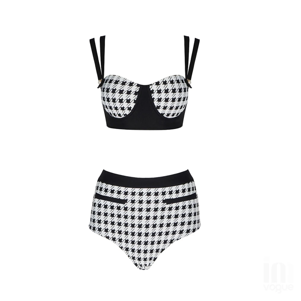 Ailigou 2021 New Ladies Summer High Quality Sexy Houndstooth Swimsuit Swimsuit Plaid Print Split Bikini Bandage Suit sport bikini set