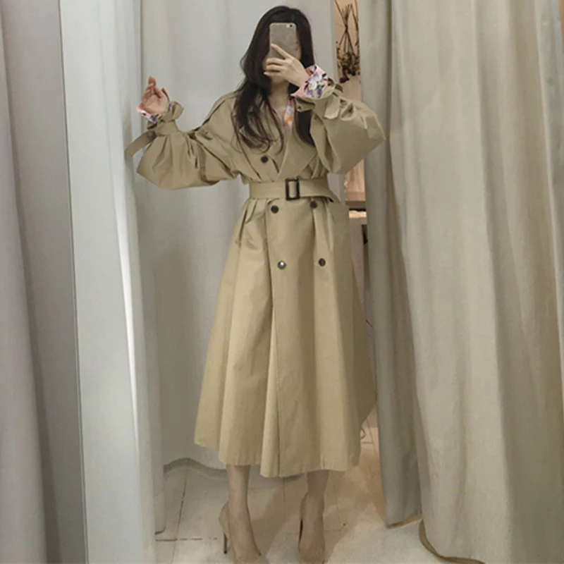 SHENGPALAE 2020 Autumn Windbreaker Sleeve Turn-down Collar Double-breasted Loose Straps Waist Slim Mid-length Trench Coat ZA5572