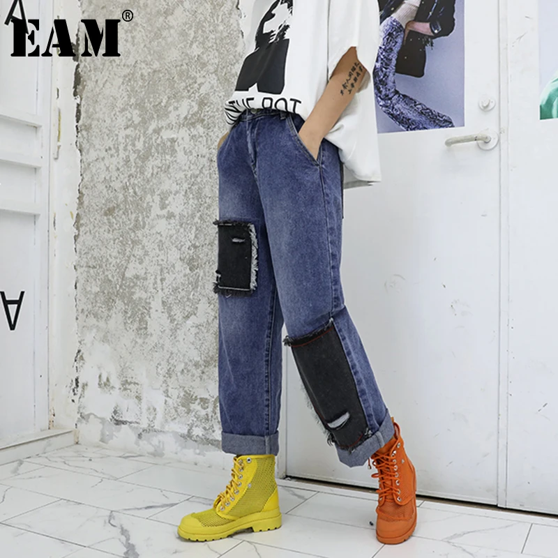 

[EAM] High Elastic Waist Blue Patch Split Joint Denim Trousers New Loose Fit Pants Women Fashion Tide Spring Autumn 2019 1A246