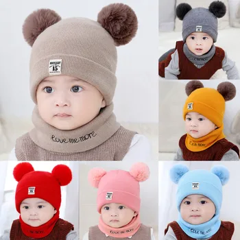 

Baby warm hat 2019 Newborn Kids Baby Boy Girl Pom Hat Winter Warm Knit Crochet Beanie Cap Scarf Set