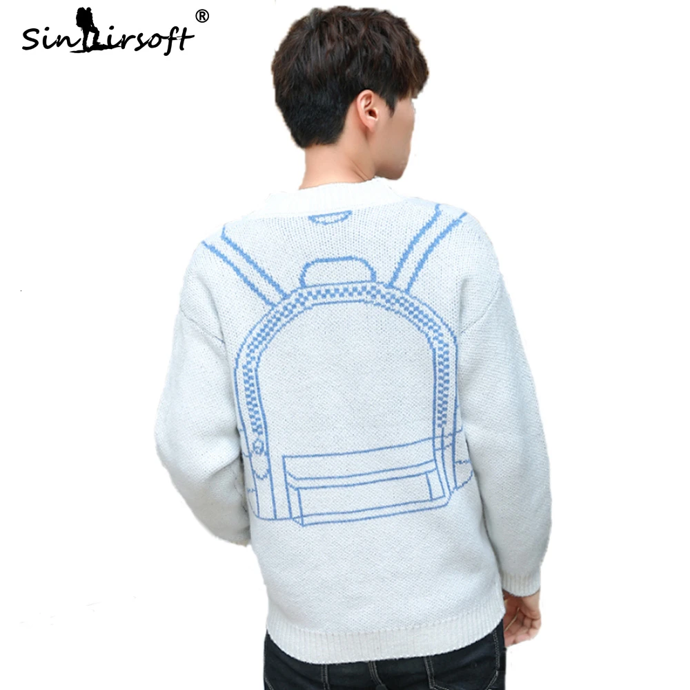 Дизайн, хлопковый мужской свитер с длинным рукавом, креативная школьная сумка с рисунком, однобортный мужской кардиган с v-образным вырезом, верхняя одежда