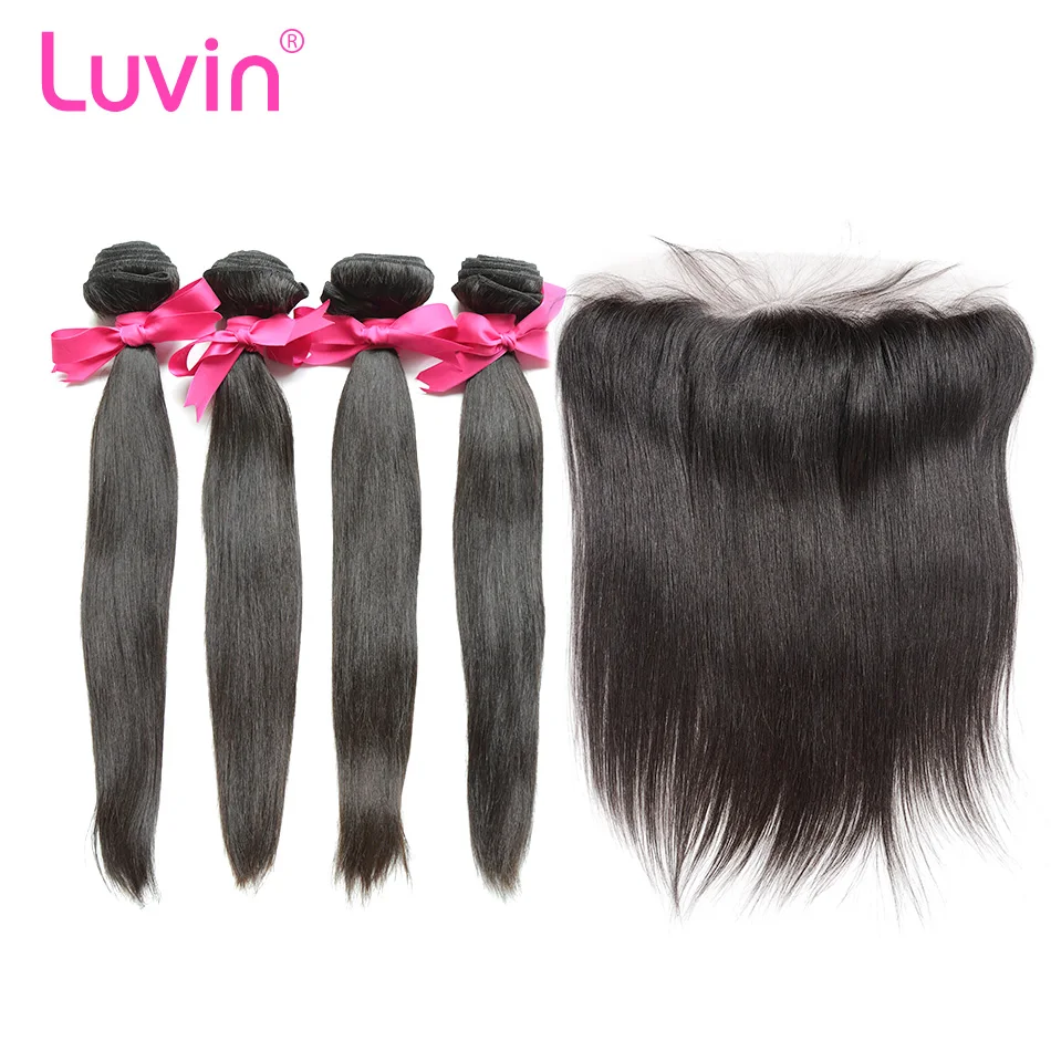 

Luvin OneCut Hair Straight 8-40 Brazilian 10A Virgin Human Hair Bundles With 13x4 Frontal Closure 3 4 Bundle Hair Extension