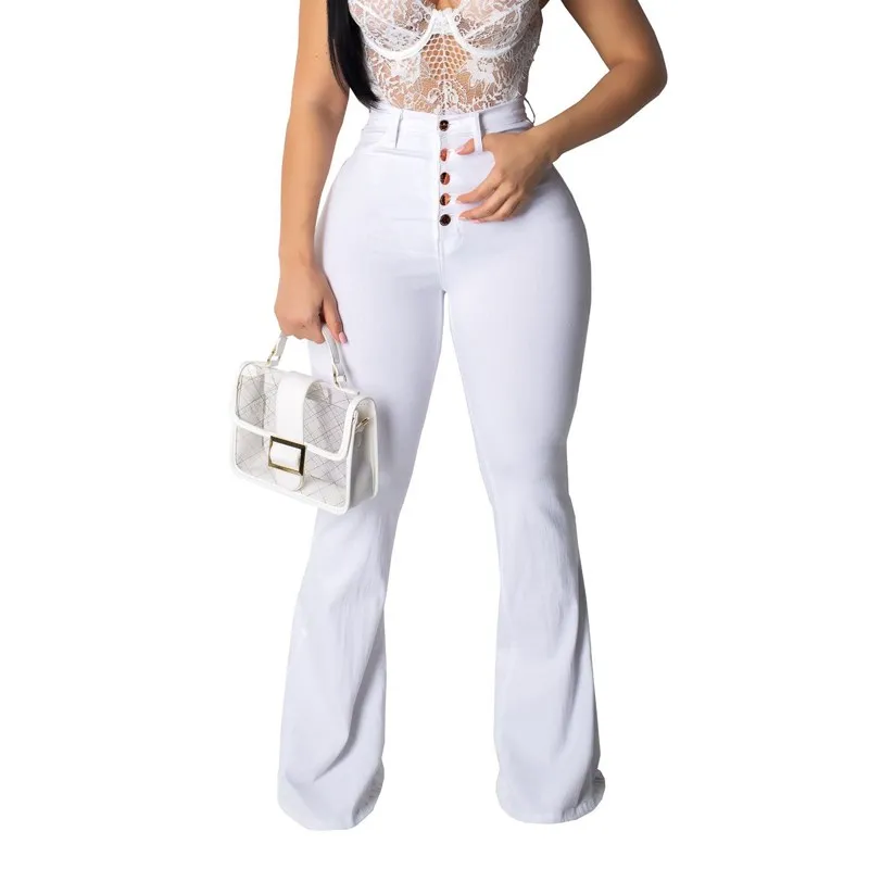 Fashion Women Casual Button Wide Leg Pants Skinny High Waist Bell Bottom Jeans White Pockets Jeans