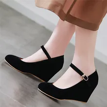 

AGDOR spring 2020 women wedges pumps shoes woman high heels ankle strap wedge shoes Black Big size