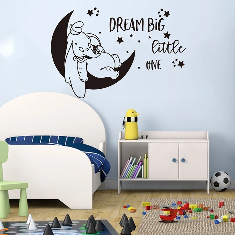 Cartoon Dumbo Moon Star Dream Big Little One Wall Sticker Nursery Kids Room Dumbo Elephant Inspire Quote Wall Decal Vinyl Decor (3)