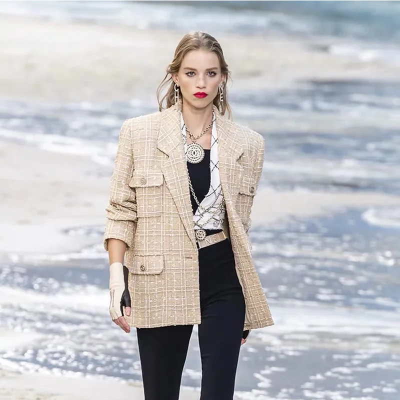 Women Blazers and Jackets Woman Jacket Beige Tweed Spring and Autumn New Joker Suit Plaid Jacket Woman