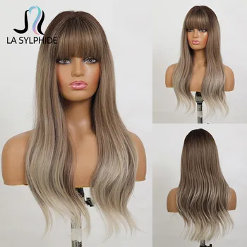 

La Sylphide Daily Party Wig Long Natural Wave Light Brown Ombre Grey Ash Blonde Synthetic Wigs with Bangs for Black White Woman