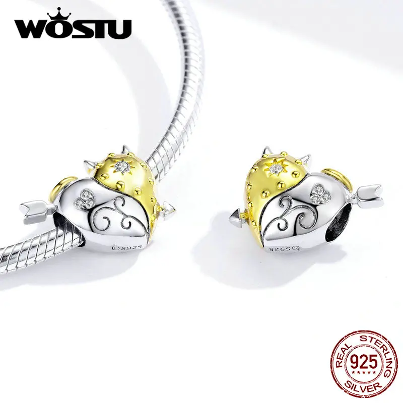 WOSTU, настоящее 925 пробы, серебряный ангел и дьявол, бусины, сердце, золото, подвески, подвеска, подходит для оригинального браслета, браслеты, изготовление ювелирных изделий, BNC107