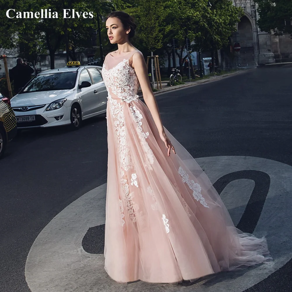 『Cheap!!!』- Pink Lace Appliques Wedding Dress Modern Tank Sleeve
Tulle O Neck Bridal Dress Sleeveless Bride Gowns Vestidos De Nocia Robe