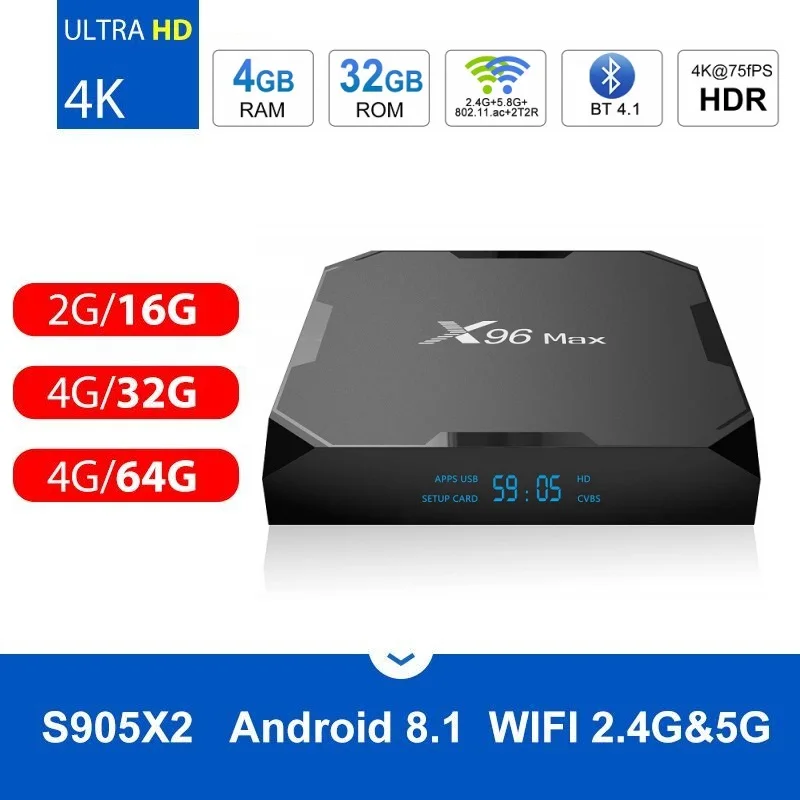 Smart TV BOX X96 Max Android 8 1 четырехъядерный Amlogic S905X2 LPDDR4 4 ГБ 32 64 2 4G и 5 ГГц Wi Fi BT 1000 м 4K Set top