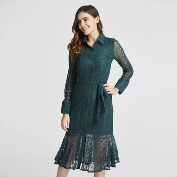 

New Vintage Hollow-out Lace Women Long Dress Single Breasted Bandage Elegant Mermaid Female Dress Full Sleeve Vestidos femme
