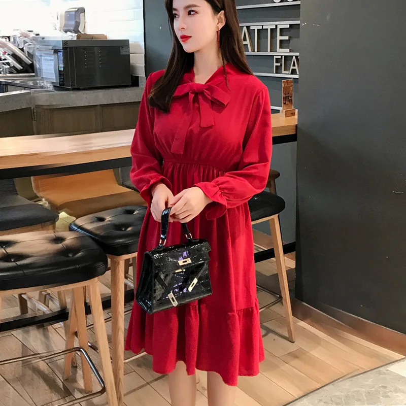 

Women chiffon dress 2019 spring summer new female elegant vintage long sleeve solid a-line dresses office lady casual dress