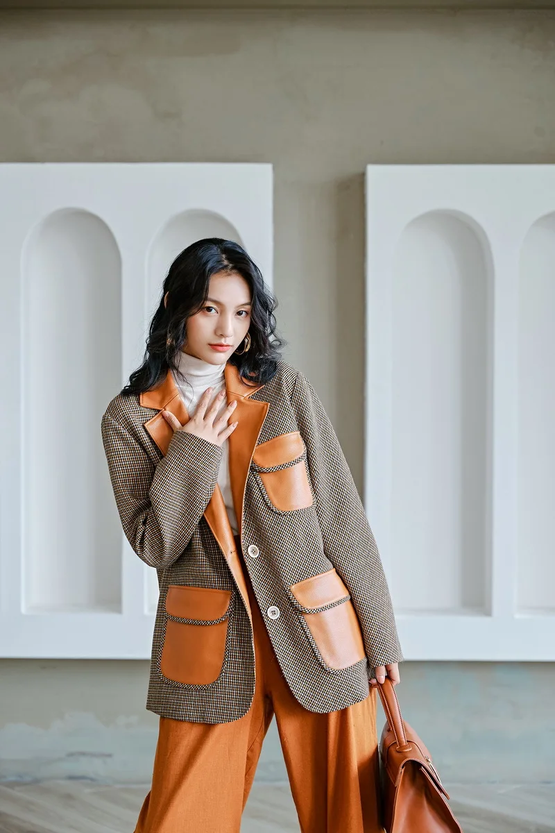 High Quality New Designer Blazer Coat Women Turn Down Collar Leather Patchwork Coat Female Slim Long Blazer Jacket